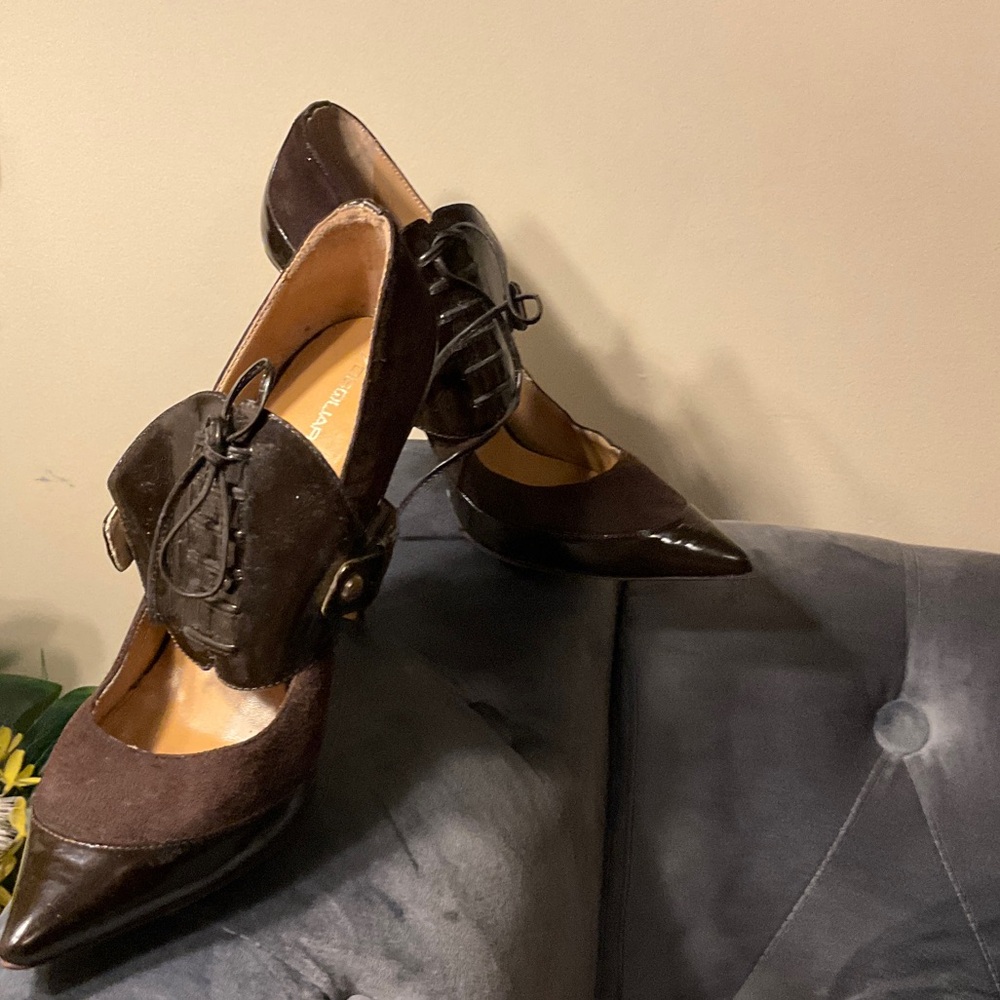 Elegant Women's Dark Brown Pointed-Toe Lace Accent Heels